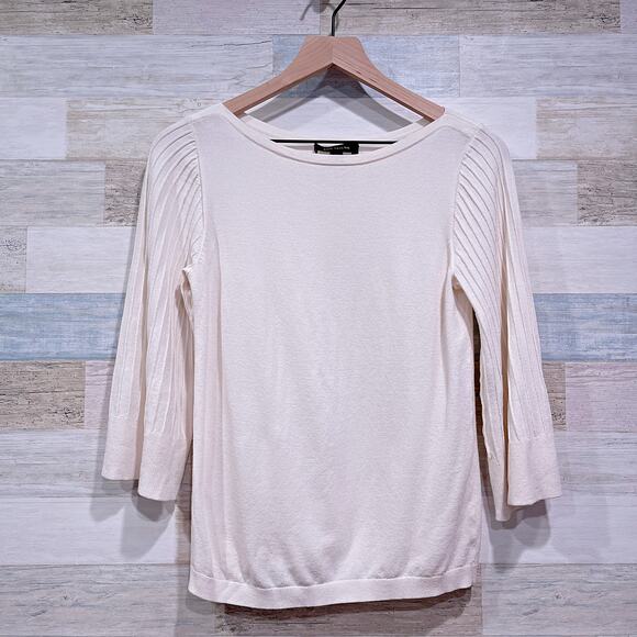 Ann Taylor 3/4 Flared Pintuck Sleeve Blouse Cream Boat Neck Stretchy Womens XS - Picture 1 of 7